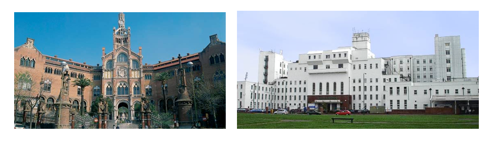 Hospital de San Pau, Barcelona (left), St Helier Hospital, London (right)