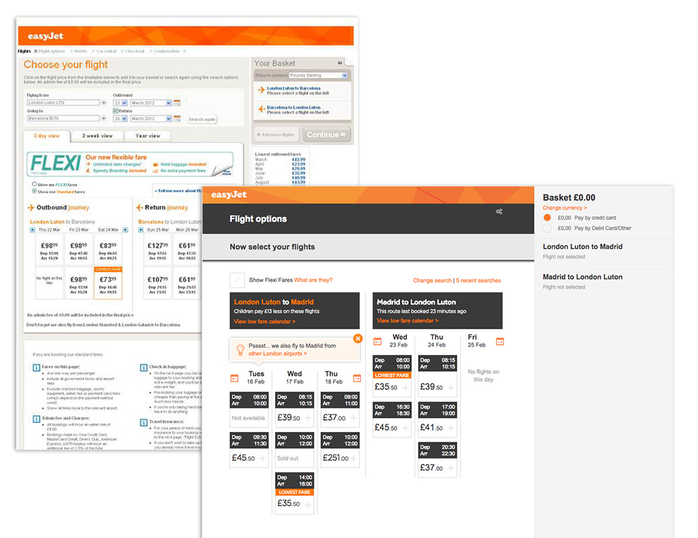 Two images showing the comparison between the old flight selection page and the new design. 