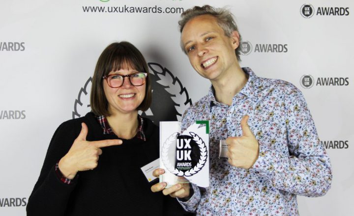 Bunnyfoot employee James Whittaker and Louise Brown from Kew Gardens posing with their UX UK award for best not for profit experience