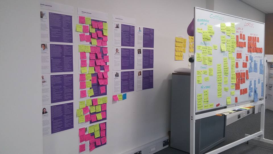 Image of a wall and a flipchart - both with lots of post-it notes on it. 