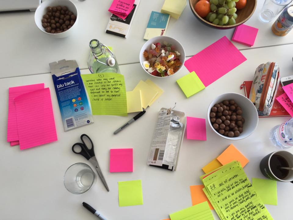 Flat-lay image including scissors, blu tack, water, snacks, post-its and more. 