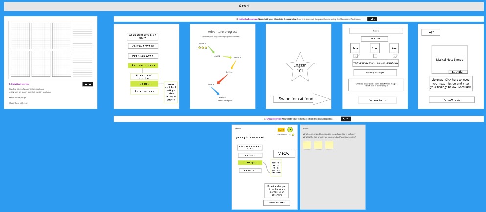 Image showing a remote workshop session using Miro. Eight canvasses are displayed.