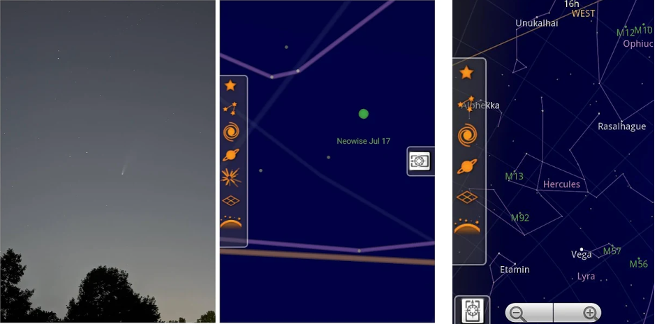 Image is split in three sections. First part shows a sky at night with a few stars visible. The other two parts are showing the interface of the Sky Map app.