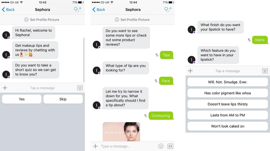 Image is showing three screenshots of chat conversations with a chatbot. The company in this example is Sephora. 