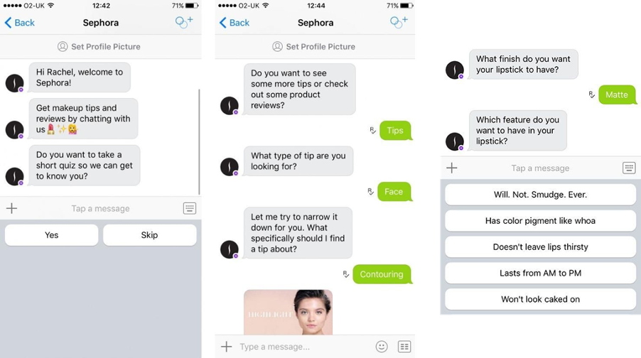 Image is showing three screenshots of chat conversations with a chatbot. The company in this example is Sephora.
