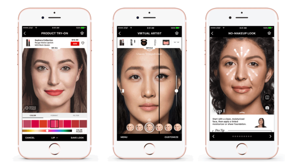 Image shows three smartphones that displays different filters directly applied on users' faces. 