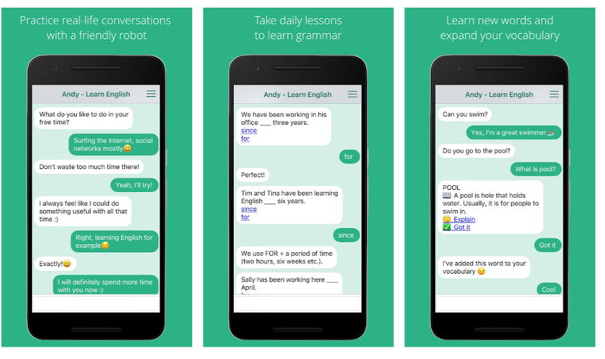 Image sectioned in three parts. Each of the sections shows a smartphone and displays a chat conversation. The first sections displays a practice real-life conversations with a friendly robot. The middle section displays a chat where you can learn grammar lessons. The third section shows how you can learn new words and expand your vocabulary through a chatbot. 