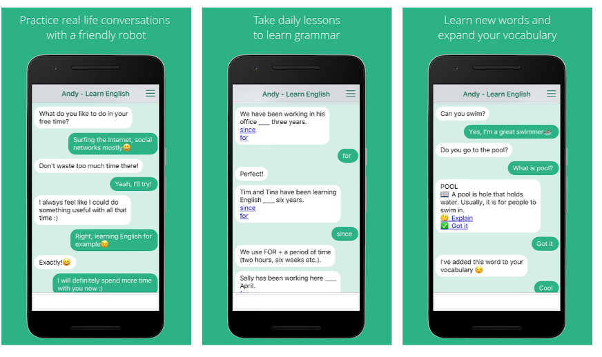 Image sectioned in three parts. Each of the sections shows a smartphone and displays a chat conversation. The first sections displays a practice real-life conversations with a friendly robot. The middle section displays a chat where you can learn grammar lessons. The third section shows how you can learn new words and expand your vocabulary through a chatbot.