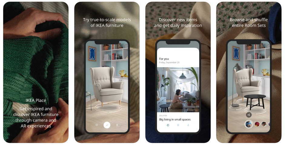Image is split into four sections. Each part shows how Ikea Place let users virtually place true-to-scale 3D models of furniture in their homes. 