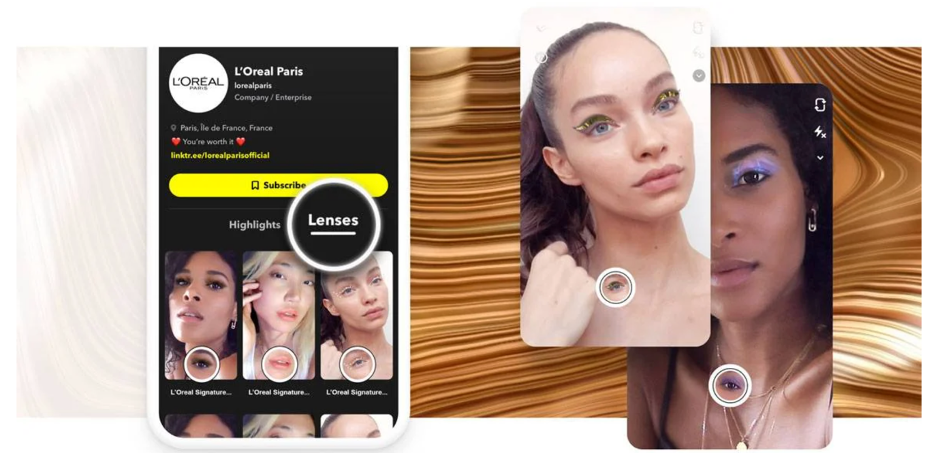 Image displaying L'Oréal's virtual makeup snapchat filter. On the left side is L'Oréal's snapchat profile. On the right hand side there are two screenshots of users when applying the filter. 