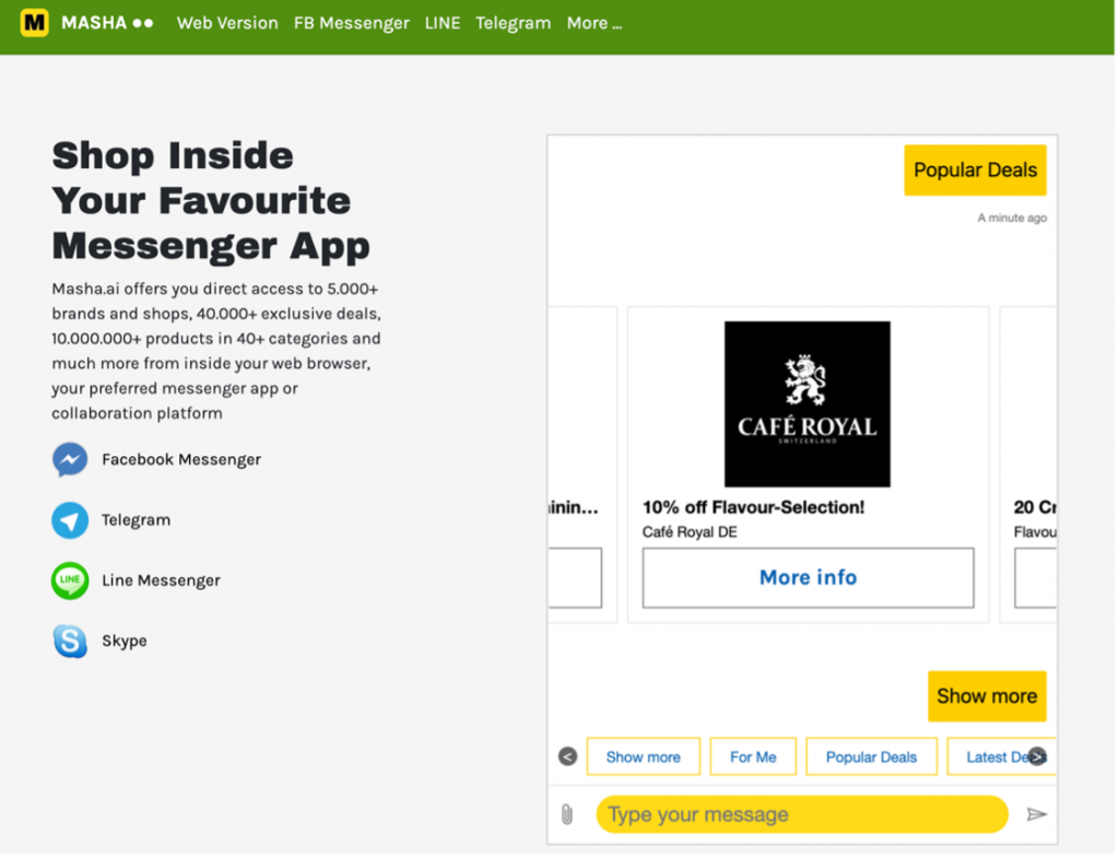 Image of masha.ai platform. On the left side, four messenger tools are listed. On the right side there is a screenshot of how the communication with masha.ai looks like.
