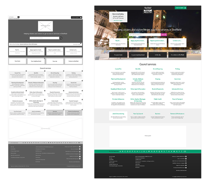 Two images comparing the low fidelity prototype on the left and the final visual design of the Council's homepage. 