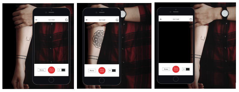 Image is split into three parts. Each stage displays how Inkhunter, an AR tool that allows users to see a tattoo on their own body, works. 