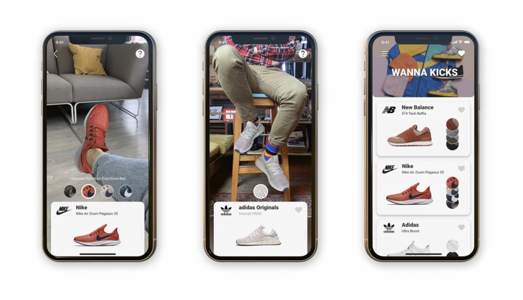 Images shows three smartphone screens that display AR solutions when shopping for sneakers. 