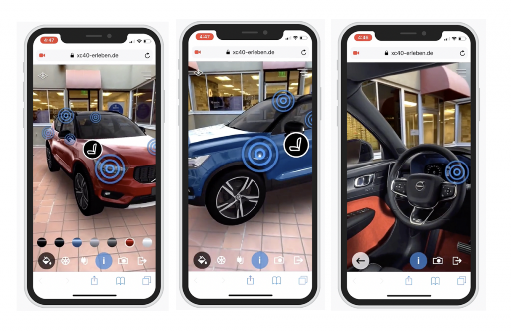 Image shows three smartphone screens displaying various features of the Vovlo Virtual Showroom. 