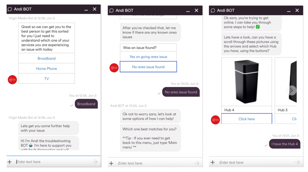 Image sectioned in three parts. Each of the sections shows a smartphone and displays a chat conversation with Virgin Media's chatbot named Andi.