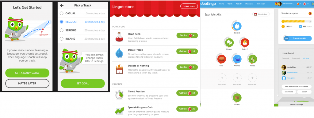 Three images of Duolingo's app. 