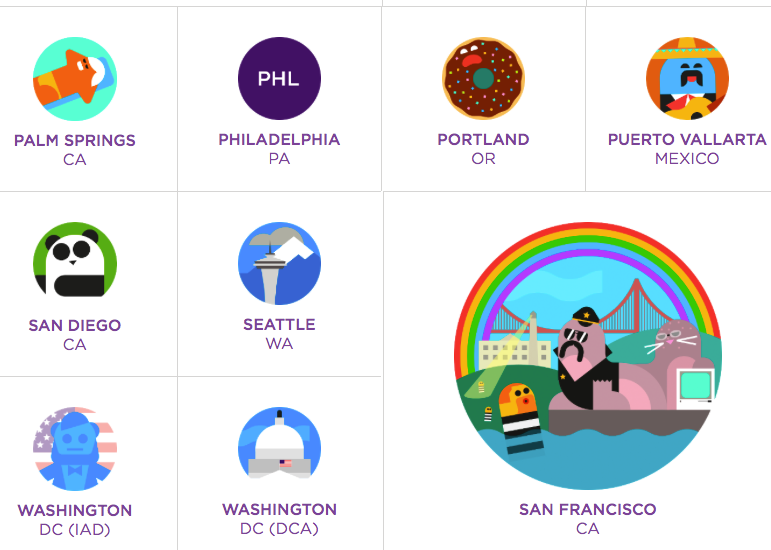 Image of Virgin America's booking site including various cities plus illustrations. 