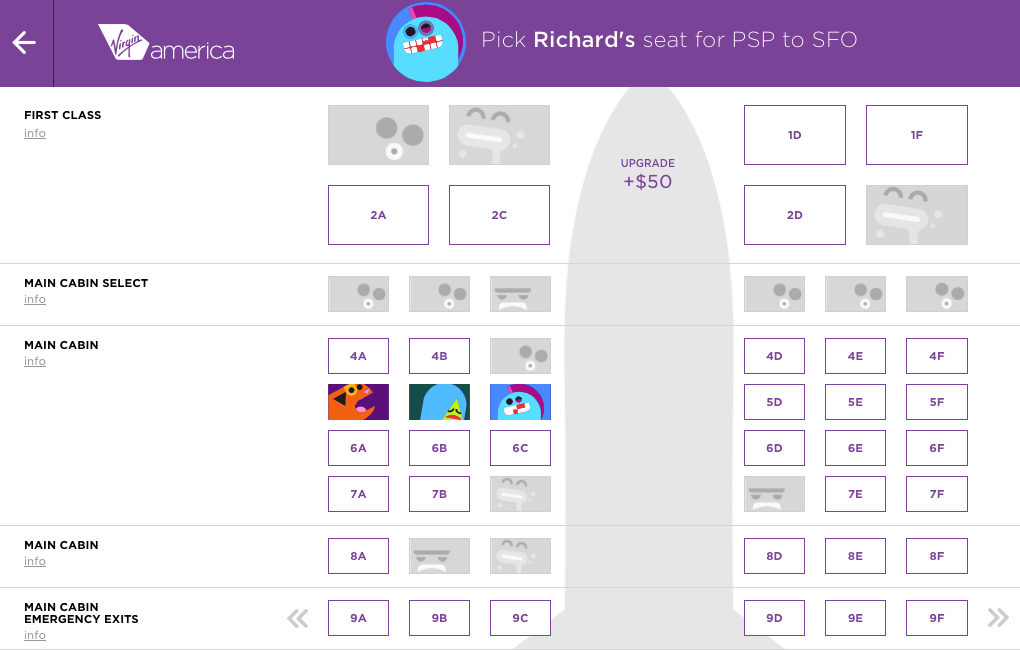 Image of Virgin America's fun interface to reserve and book a seat.   