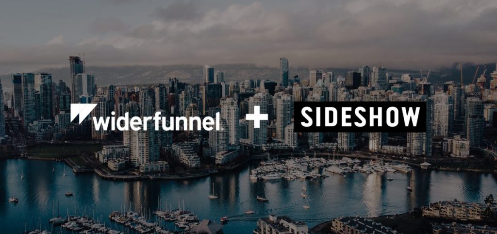 Image showing the skyline of Vancouver with white text written across it saying:"Widerfunnel + Sideshow."