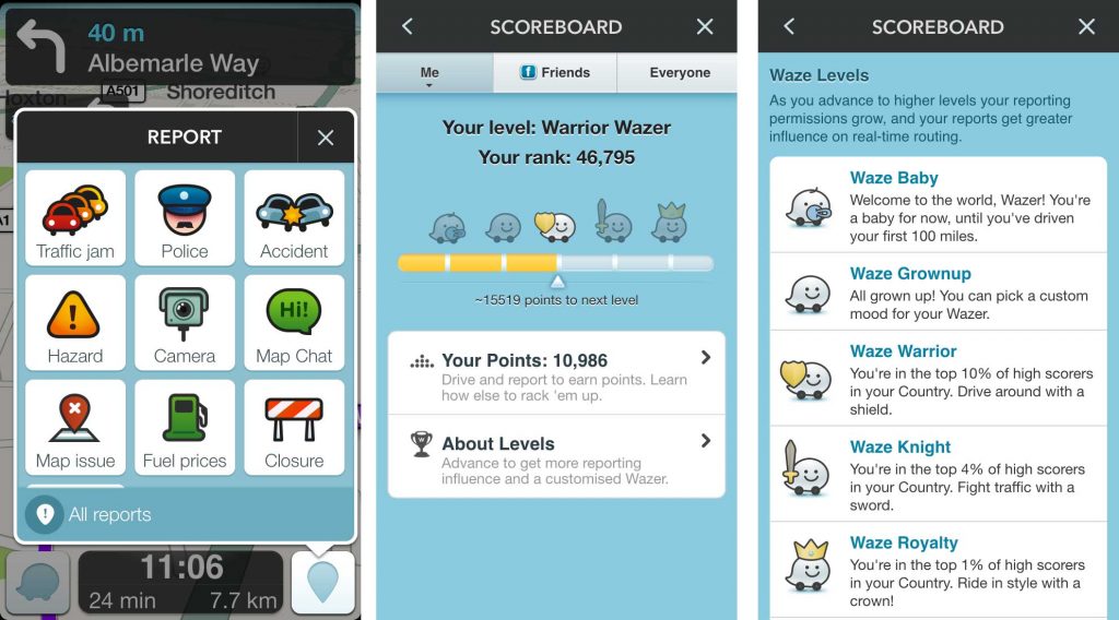 Images of Waze's interface. The first one shows how users can report something. In the middle one users can see their progress and on the third image users can see their levels. 