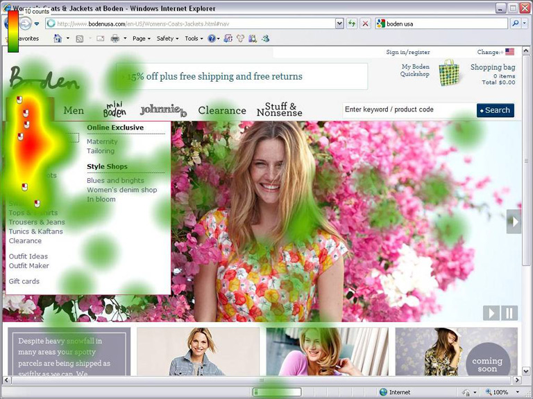 An image of Boden's homepage overlayed with an eye tracking heatmap. 