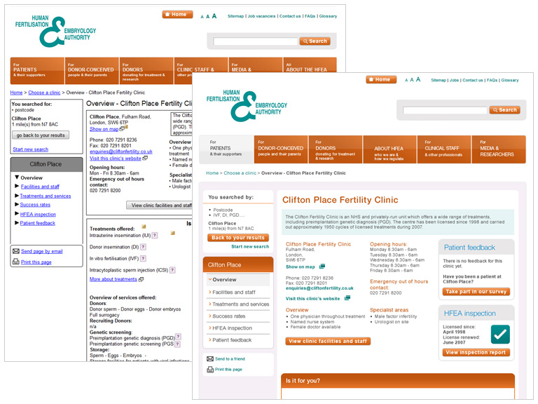Two images showing the original search results page wireframe and the final visual design.