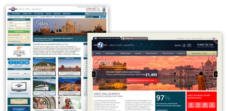 Two images comparing the before and after of the Great Rail Journeys' website. 