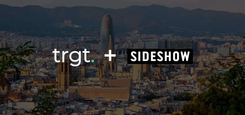 Image shows the skyline of Barcelona with white text written over it saying:"trgt. + sideshow"
