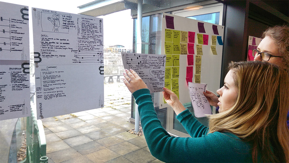 Picture of two Bunnyfoot consultants reviewing notes and building skeleton personas for Kew Gardens.