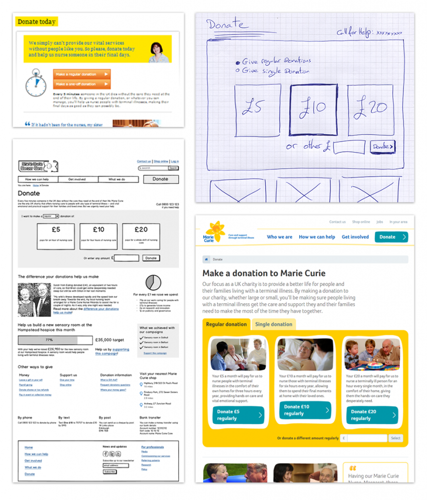 This is a group of images that shows the evolution of the donation page. The first is an image of their original page. Right of that is the sketch wireframes on a piece of paper. Bottom left is the low fidelity wireframes and the bottom right is the final product. 
