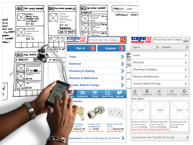 Group of images showing the wireframes at different stages of design being tested with a participant on a mobile device. 