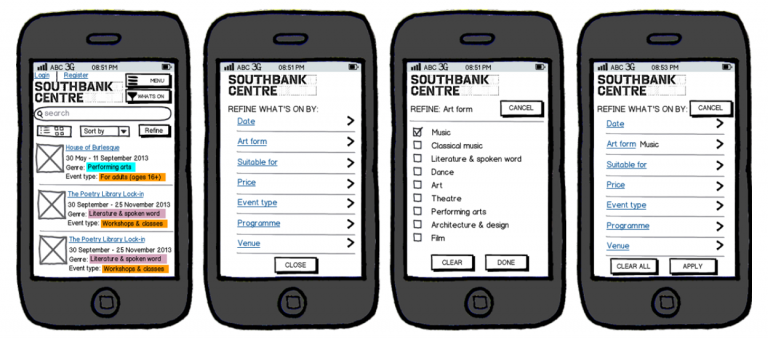 Set of 4 mobile wireframe mock-ups for the Southbank centre. 
