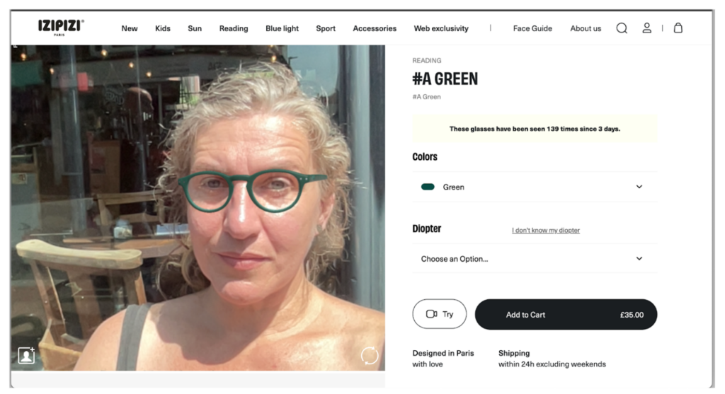 Woman changing the colour of her glasses on her face using AR